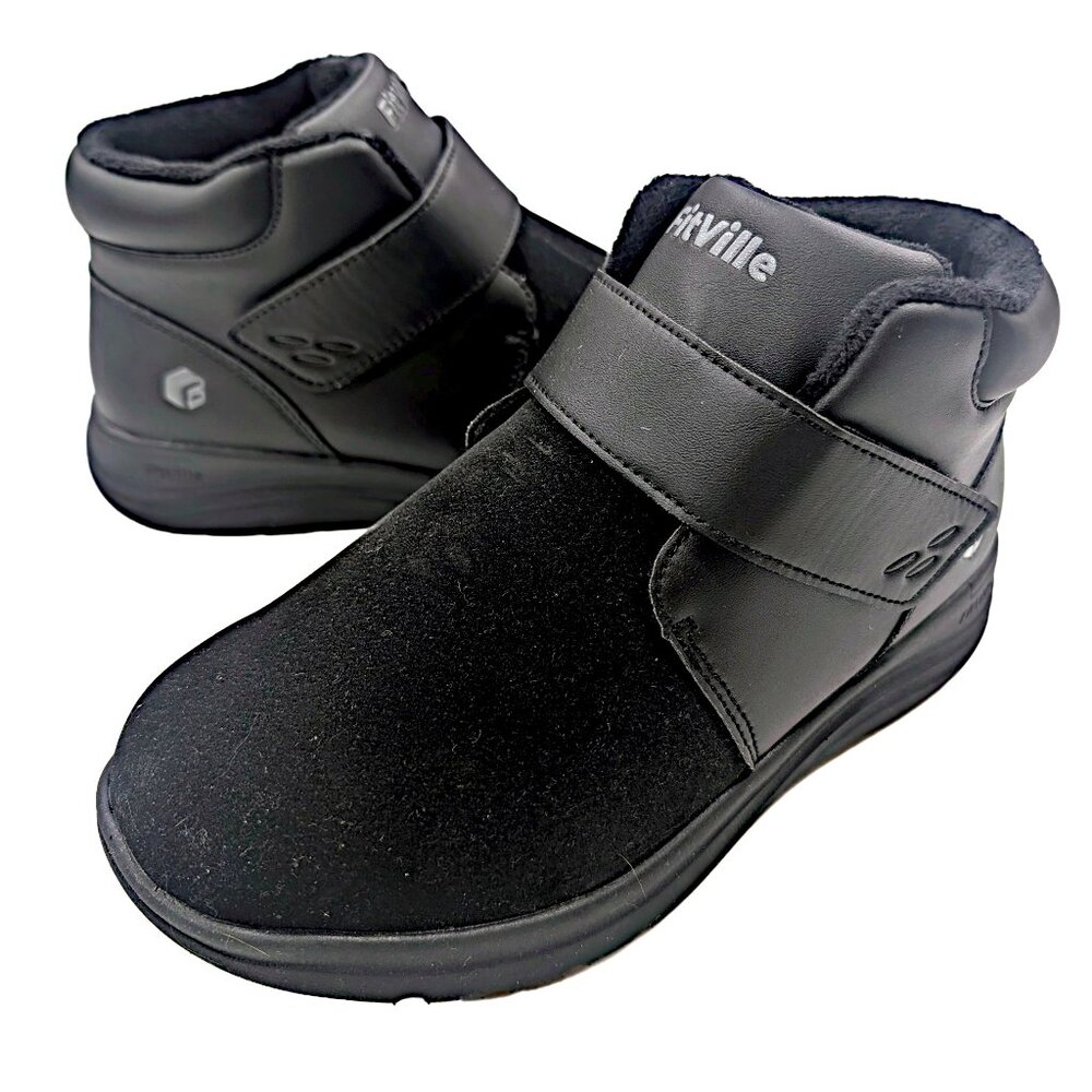 FitVille Marca Women's Size 8 EW  Wide Diabetic Black Velco Closure Ankle Boots